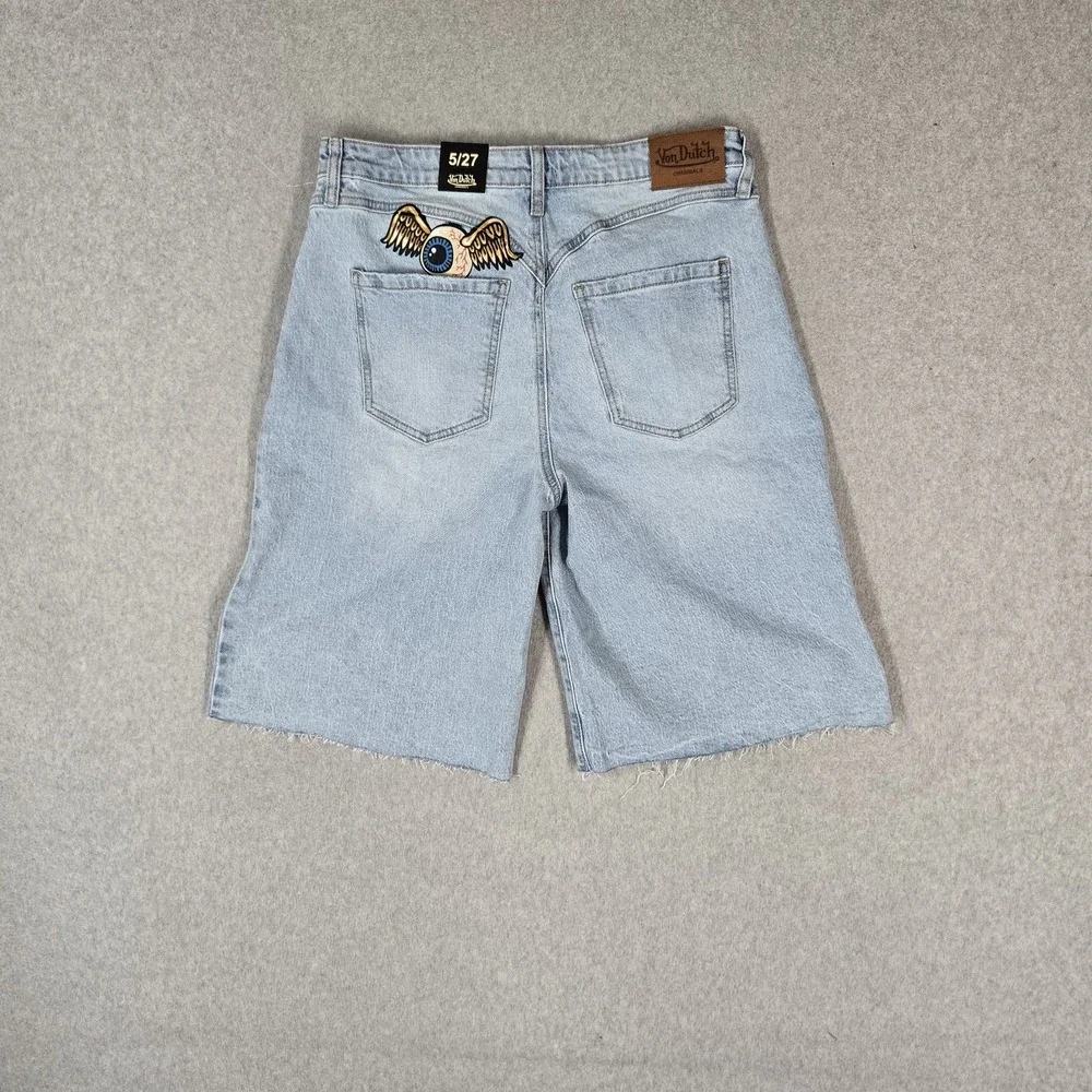 Von Dutch Women Shorts 5/27 Blue Denim Embroidered Grunge Y2K Baggy Skater NWT